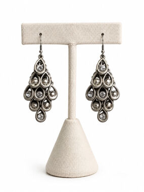 Vintage Silver Tone Teardrop Chandelier Earrings Clear Rhinestone Dangle